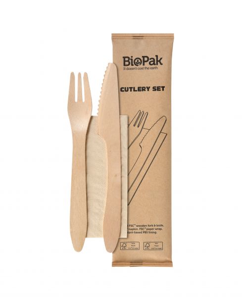 Holz Besteck Set Messer Gabel & Braune Serviette 19 cm 400Stück